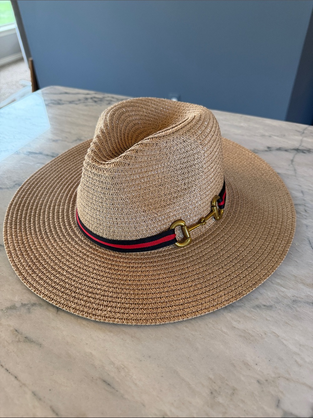 Adorable Straw Fedora Hat with Red & Black Band and Gold Bit Hardware